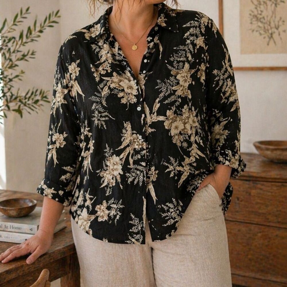 Vintage Linen Blend Floral Button Up Shirt Minimalist Cottagecore 14/16